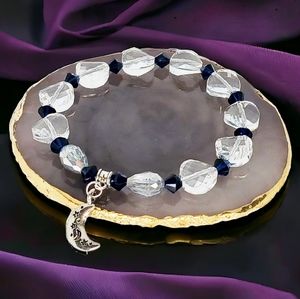 Silver Crescent Moon Charm Bracelet Blue Silver Beads Y2K Galaxycore Mod 1960s